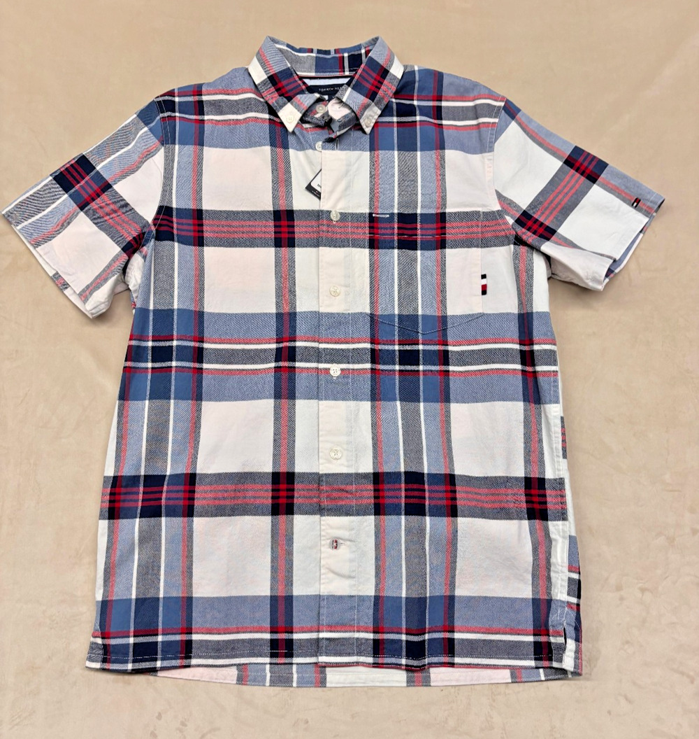 Tommy Hilfiger Short Sleeve Plaid Shirt Men Small Regular Fit Stretch Cotton NWT